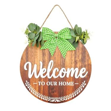 Imagem de DOUSUI Placa de boas-vindas de madeira 3D para porta da frente, decoração de boas-vindas, sinal de pendurar para decoração de parede de varanda de casa com guirlanda de nó de laço, presente para porta