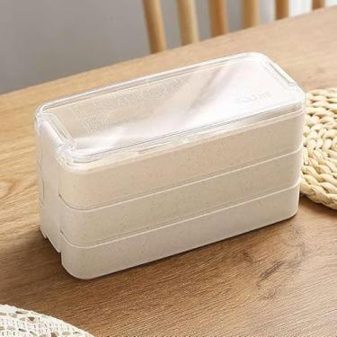 Imagem de Marmita 900ml 3 Andares Hermética com Talheres, Compartimentos Separados, Vedação para Transporte, Uso Diário, Ideal para Trabalho e Rotina, Apto para Micro-ondas (Bege)