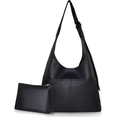 Imagem de Bolsa feminina Hobo despojada de 2 peças – Bolsa de trabalho de couro vegano macio com zíper, bolsa Hobo de outono para viagens diárias, Fivela preta