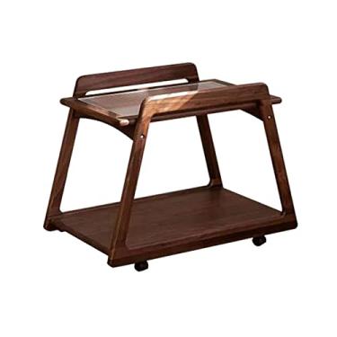Imagem de KEG801302 Mesa lateral de carrinho de madeira maciça retrô simples, suporte para plantas com prateleira aberta de 2 camadas, mesa lateral de sofá com rodas, móveis domésticos