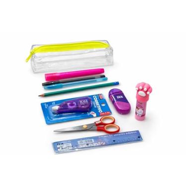 Imagem de KIT ESCOLAR COMPLETO VOLTA ÀS AULAS 2026-10 ITENS ESSENCIAIS KAWAII COM ESTOJO, COLA PATINHA, LÁPIS BIC, APONTADOR 2 EM 1, CORRETIVO, MARCA TEXTO, CANETAS, TESOURA E RÉGUA