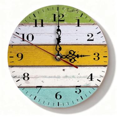 Imagem de Relógio de parede vintage listrado de madeira - amarelo azul-petróleo branco Shiplap silencioso sem tique-taque decoração para casa de fazenda sala de estar escritório - Detalhe rústico de casa - 19