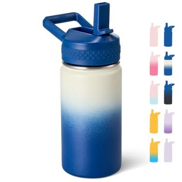 Imagem de Fijinhom Garrafa de água de 350 ml, copo pequeno com canudo, garrafa de água para escola, garrafa isolada a vácuo de aço inoxidável 304, livre de BPA, à prova de vazamento, branco/azul