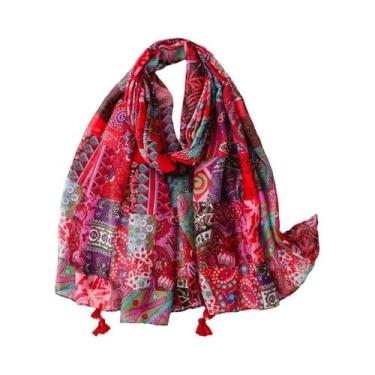 Imagem de Xale Floral Azteca Com Franjas Em Viscose, Pashmina Hijab 180x90cm, El