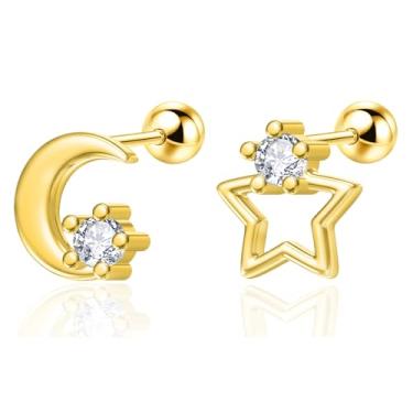 Imagem de Aloluo Brincos femininos de lua e estrela de 20 g, banhados a ouro 14 K, zircônia cúbica, hipoalergênicos, pequenos, parafusos, cartilagem, tragus, brinco, joia delicada, aniversário, férias