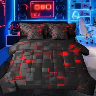Imagem de Feelyou Jogo de cama casal vermelho e preto geométrico claro com lençol de 7 peças para decoração de crianças, meninos, conjunto de cama moderno