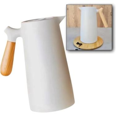 Imagem de Garrafa Térmica 1 Litro Café Água Chá com Cabo de Madeira Nórdica de Plástico Quente ou Frio (BRANCO)