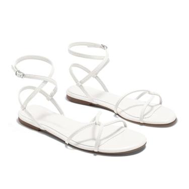 Imagem de Coutgo Sandálias rasteiras femininas com tiras abertas e tiras cruzadas com cadarço e tira no tornozelo, sapatos de praia elegantes para o verão, Branco, 39