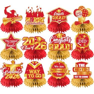 Imagem de 12 peças de decorações de mesa de formatura, decorações de formatura vermelhas e douradas, centro de mesa classe de 2026, enfeite de mesa de favo de mel de parabéns para suprimentos de festa de