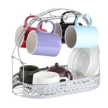 Imagem de DELORIGIN Suporte para canecas, suporte para chávenas de café, ferro, cesta de armazenamento, organizador de pratos, escorredor de canecas, cabide de secagem, suporte de copos com 6 ganchos para