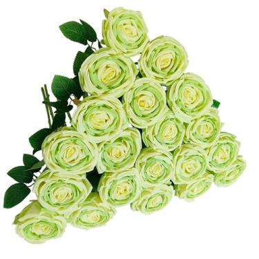 Imagem de ATFL Flores artificiais de rosas falsas, diâmetro floral, 10 cm, 20 peças de rosas de seda artificial com hastes para arranjos de casamento, decoração de mesa de festa em casa (20, verde claro)
