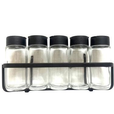 Imagem de Porta Tempero Condimento 5 Potes Vidro Tampa Dosadora Suporte Preto Organizador de Parede