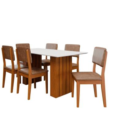 Imagem de Kit Mesa Jantar Santiago 160 Tampo Vidro 6 Cadeiras Córdoba Cinamomo-branco-capuccino