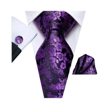 Imagem de Conjunto De Gravata Masculina Com Listras Florais Roxas, Lenço De Bols