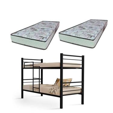 Imagem de Beliche Solteiro Cristal com Grade de Proteção, Escada e 2 Colchões D23 em Aço Preto