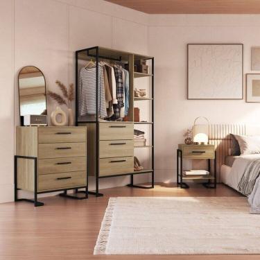 Imagem de Conjunto Quarto Industrial Closet, Sapateira, Cômoda e Mesa de Cabeceira Preto/Oak