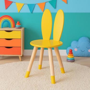 Imagem de Cadeira Infantil Orelha Coelho Pés em Madeira e Assento MDF Cor:Amarel