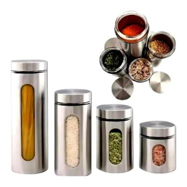Imagem de Kit Porta Mantimentos 4 Potes Aço Inox com Visor de Vidro Tampa Hermética para Cozinha Alimentos Yeet