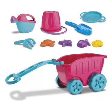 Imagem de Carriola Pink Praia Infantil Carrinho Regador Rastelo - Divertoys