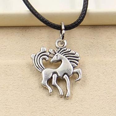 Imagem de EDCRFV Colar pingente de cavalo prateado tibetano cordão de couro preto feito à mão