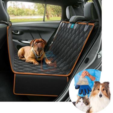 Imagem de Kit Capa Pet Protetor Banco Traseiro Laranja e Luva Tira Pelo Cão Duke e Dixie
