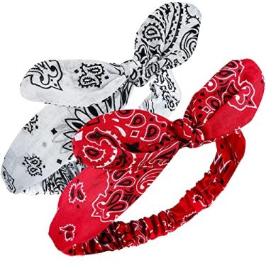 Imagem de 2 bandanas femininas com estampa retrô de nó, faixa de cabeça com estampa paisley, faixa ajustável (vermelho, branco)