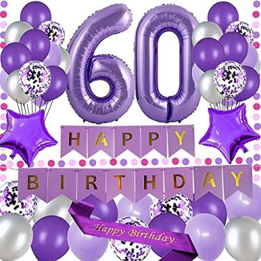 Imagem de yujiaonly Decoração de festa de aniversário de 60 anos roxo faixa de papel de feliz aniversário roxo 101,6 cm número 60 feliz aniversário faixa balões de látex e confete perfeitos para festa de 60 anos