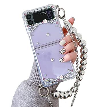 Imagem de Omio Capa compatível com Samsung Galaxy Z Flip 3 5G com pulseira de corrente transversal bonito 3D feito à mão brilhante cristal diamante Bling Glitter Hard PC Phone Case para Galaxy Z Flip 3 Mulheres Meninas Transparente