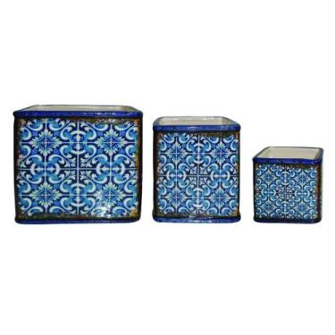 Imagem de Conjunto De Cachepots De Ceramica Azul - 3 Pcs - Btc Decor