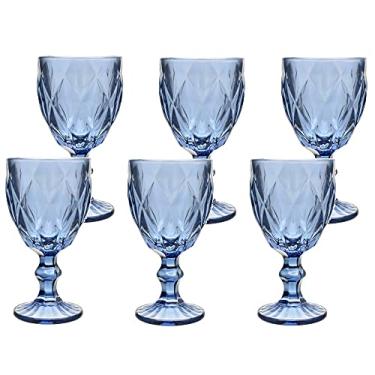 Imagem de Mimo Style Jogo de 6 Taças de Vidro Azul Vitral com Capacidade de 320ml com Alto Relevo e Aparencia Diamantada. Ideal para Vinhos, Sucos, Uísque, Água e Cerveja, Cálice para Festa e Casamento