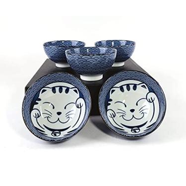 Imagem de Conjunto de tigela de porcelana de gato azul sorridente japonês #HS55/B