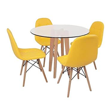Imagem de Conjunto Mesa de Jantar em Vidro 90cm com Base Vértice + 4 Cadeiras Botonê - Amarelo