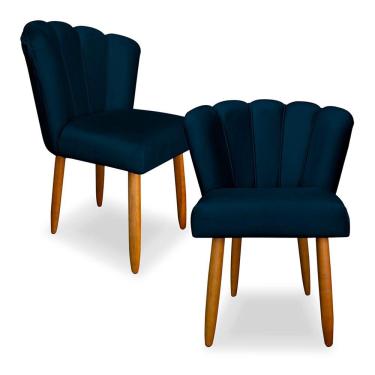 Imagem de Kit 2 Cadeiras de Jantar Pétala Estofada Pés Palito Veludo Azul Marinho - Montanaris Decor