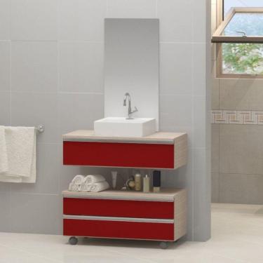 Imagem de Gabinete Banheiro Creta 60cm com Cuba e Espelho Madeirado/Vermelho