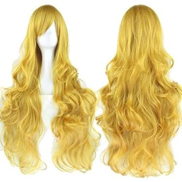 Imagem de IMISSU Peruca cosplay de cabelo natural cacheado longo com franjas coloridas fantasia de Halloween perucas de festa (Amarelo)