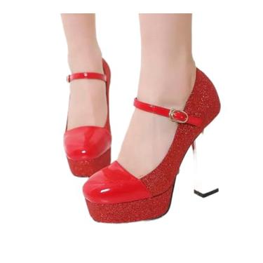 Imagem de Sapatos femininos de festa de casamento de ouro prata salto alto Mary Jane vermelho lantejoulas pano bico redondo sapatos de noiva escritório senhora