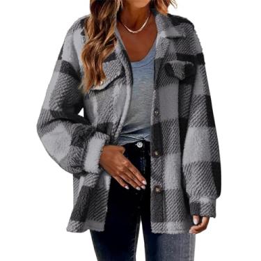 Imagem de Jaqueta de lã feminina xadrez felpuda sherpa jaqueta casual abotoada plus size casacos quentes de inverno, Cinza, 4G
