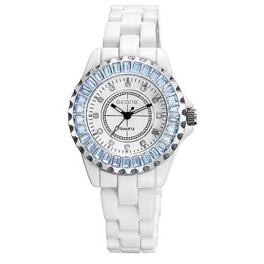 Imagem de Gosasa Relógio de pulso feminino de luxo moderno com strass branco relógio de cerâmica casual feminino bonito relógios sociais, Azul-celeste