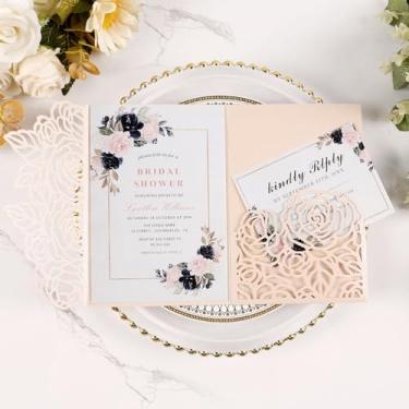 Imagem de Maffily 50 peças de convite de corte a laser triplo com envelope folhas internas em branco cartões RSVP convites de casamento personalizados para chá de panela, aniversário de quinze anos, convites de