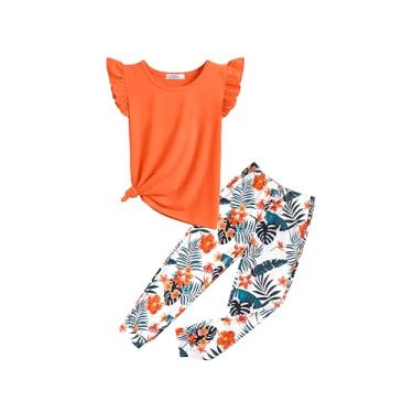 Imagem de Arshiner Conjunto de 2 peças para meninas, primavera, verão, com acabamento de babados, camiseta regata e calça com bolsos, Estampa laranja, 12-13 Anos