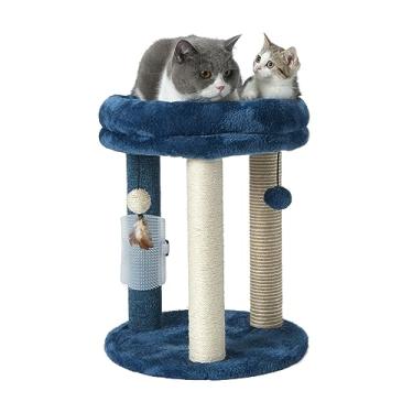 Imagem de MECOOL Árvore arranhadora para gatos com cama macia para gatos. Tapete de sisal de qualidade natural com três brinquedos de bola pendurados e escova de massagem para gatos e gatinhos de ambientes internos azul