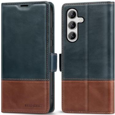 Imagem de KEZiHOME Capa carteira para Galaxy S24+ Plus 5G, couro legítimo, bloqueio RFID, magnético, porta-cartões, azul marinho/marrom