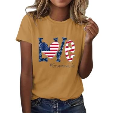 Imagem de Camiseta feminina Independence Day 4 de julho, estampa da bandeira dos EUA, manga curta, túnica casual de verão, Amarelo, G