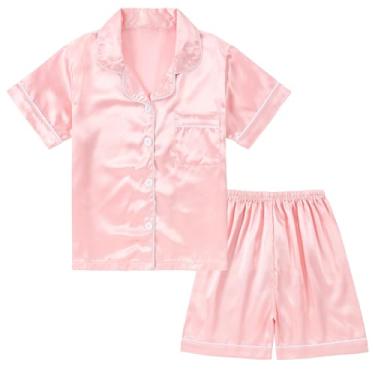 Imagem de DIPUG Pijama feminino de cetim conjunto de pijama de seda manga curta com shorts, rosa, 4-5 Anos