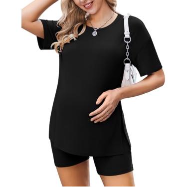 Imagem de Ekouaer Pijamas femininos para gestantes 2 peças roupas de manga curta camisas e shorts loungewear gravidez roupas de mamãe, Preto, P