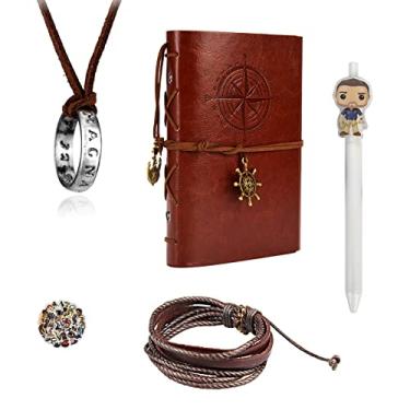 Imagem de HJYZY Uncharted 4 Caderno de couro para anotações, caneta, marrom, vintage, recarregável, diário, drake, colar, pulseira de couro retrátil com adesivos, 29 peças