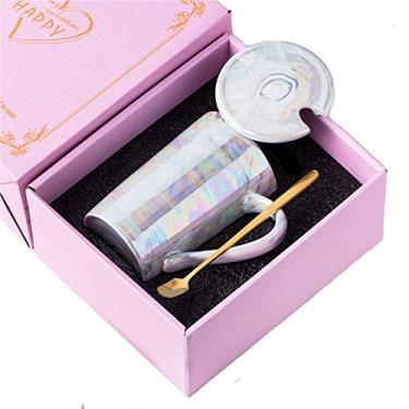 Imagem de KEYIGOU Canecas de mármore de 382 g com tampa e colher dourada, pérola esmaltada xícara de chá de cerâmica com caixa de presente, caneca de café para mulheres, mães, amigos, amantes do dia das mães