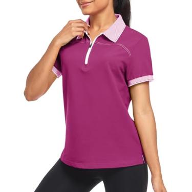 Imagem de Little Beauty Camisa polo feminina de golfe com zíper de manga curta atlética com absorção de umidade e gola polo com zíper, Rosa profunda, G