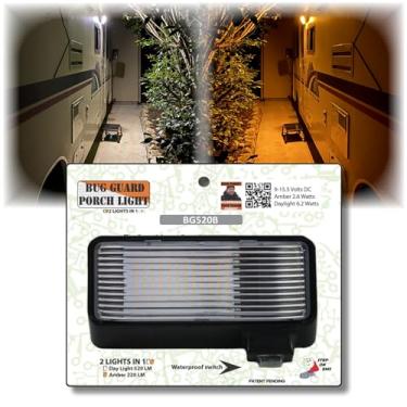 Imagem de BUG-GUARD BG520B 12 Volts Funcional Exterior RV Holofote de LED de longa duração com 220 lúmens brilhantes (âmbar)/520 lunen (branco), 2 luzes em uma.
