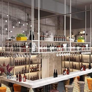 Imagem de Rack de vinho pendurado na parede, suporte de vidro de vinho de ferro, rack de camada dupla, rack de garrafa invertida, copos de champanhe, prateleira de decoração de teto simples com divisó